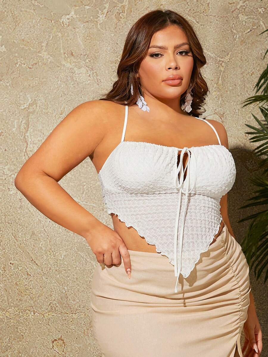 SHEIN SXY 大碼前繫帶木耳邊吊帶上衣 - 白色 - 查看 1