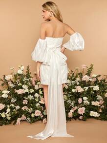 SHEIN Belle 1入組燈籠袖打褶細節露背繫帶婚紗洋裝 - 白色 - 查看 1