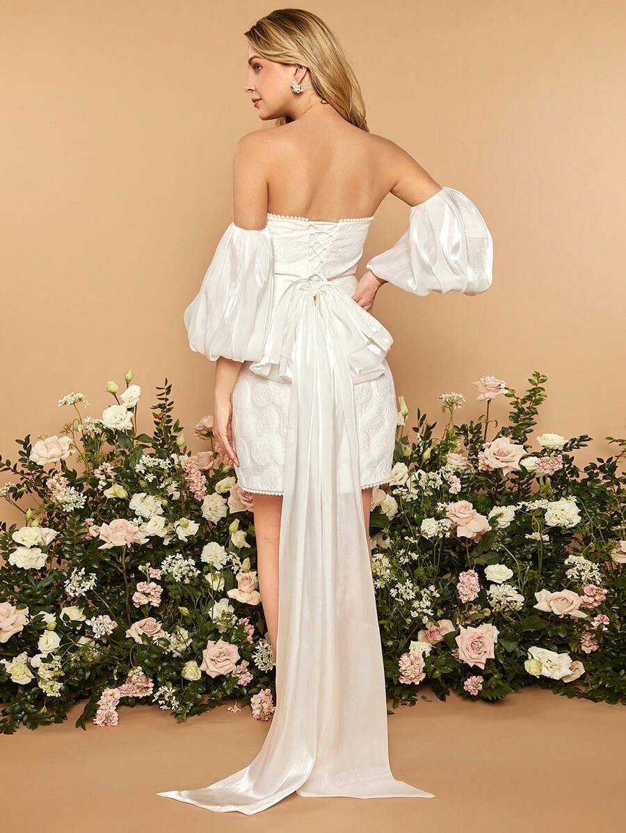 SHEIN Belle 1入組燈籠袖打褶細節露背繫帶婚紗洋裝 - 白色 - 查看 1