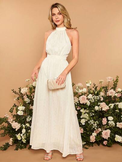 SHEIN Belle Solid Pleated Hem Halter Neck Mesh Overlay Bridesmaid Dress