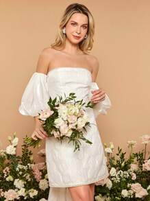 SHEIN Belle 1入組燈籠袖打褶細節露背繫帶婚紗洋裝 - 白色 - 查看 2