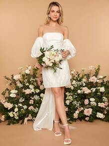 SHEIN Belle 1入組燈籠袖打褶細節露背繫帶婚紗洋裝 - 白色 - 查看 3