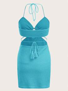 SHEIN ICON O-ring Detail Tie Backless Halter Dress - Mint Blue - View 2