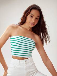 SHEIN BASICS Áo nữ Sọc Giải trí - màu xanh lá - Xem 3