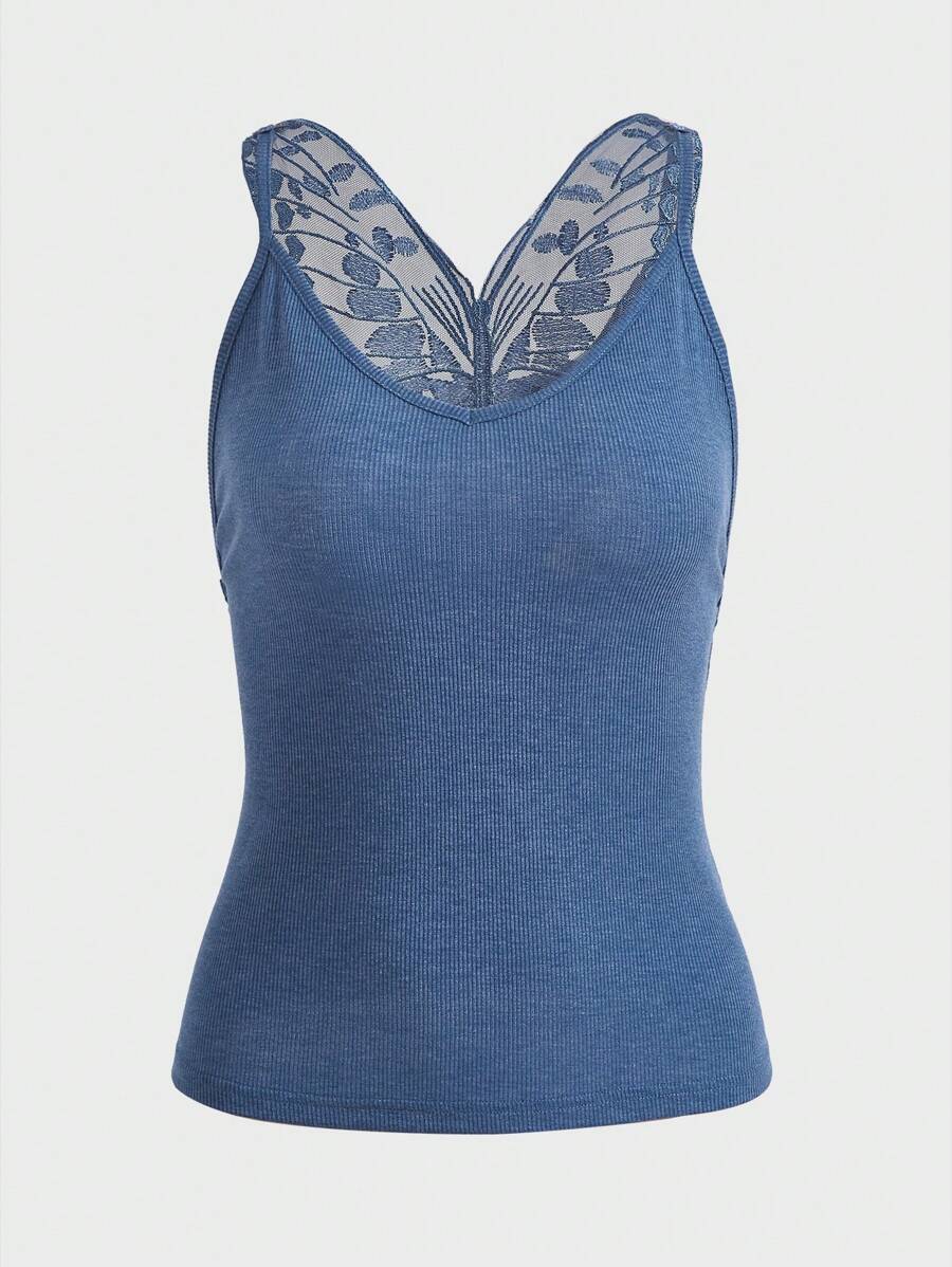 SHEIN ICON Áo khoác và áo lót dành cho xe tăng nữ Tương phản Mesh Gân đan màu trơn Giải trí - Màu xanh lam - Xem 1