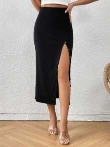 SHEIN Frenchy High Waist Split Thigh Skirt - Black - View 4