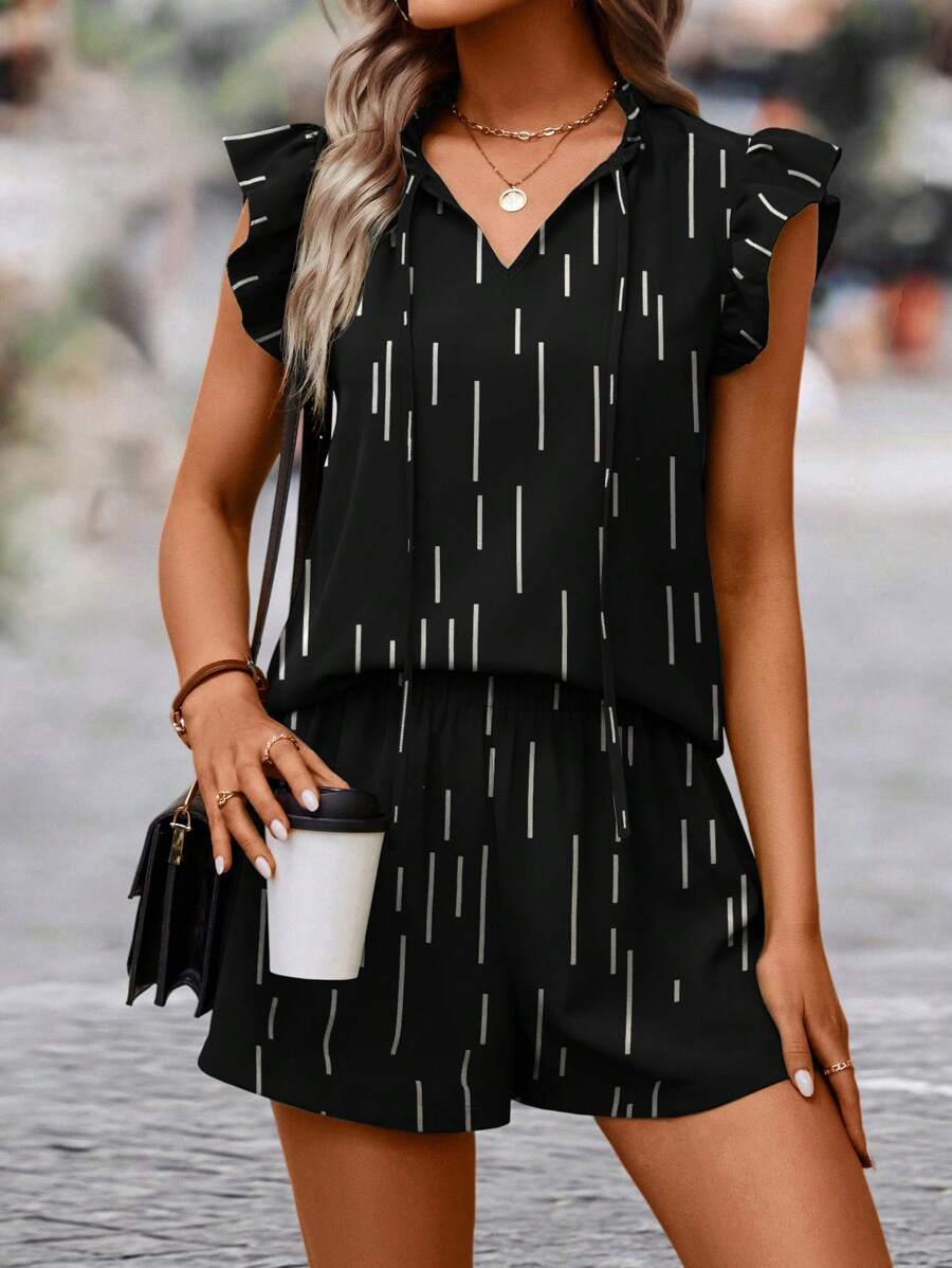 SHEIN LUNE Women Two-piece Outfits Ruffle Plain Casual - Hitam - View 1