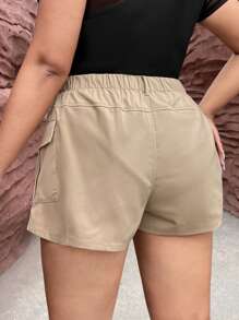 SHEIN Essnce Plus Flap Pocket Side Shorts - Khaki - View 2
