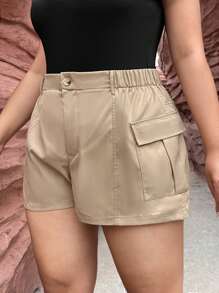 SHEIN Essnce Plus Flap Pocket Side Shorts - Khaki - View 3