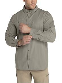 Men Solid Zipper Detail Button Up Shirt - Grey - View 1