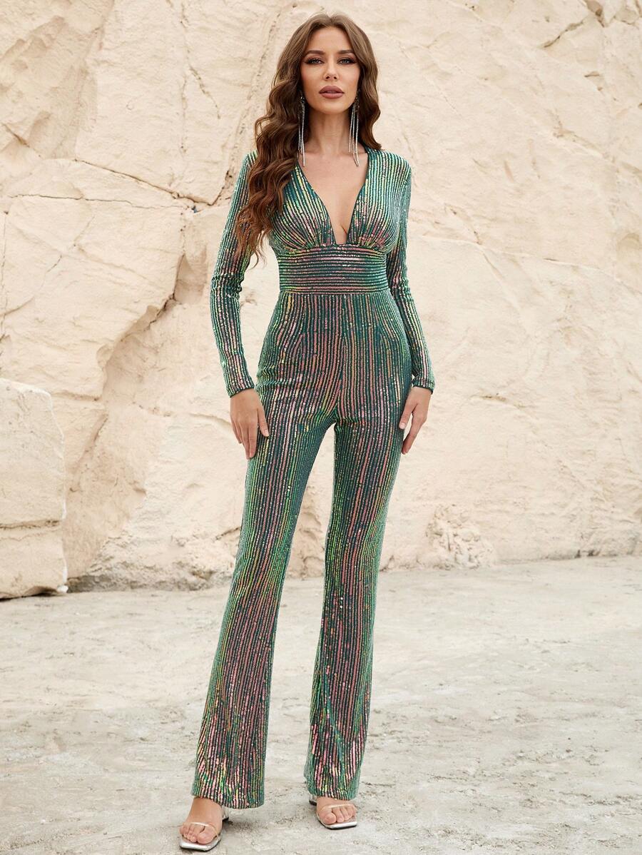 Plunge Neck Sequin Jumpsuit - Green - View 1