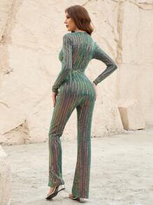 Plunge Neck Sequin Jumpsuit - Green - View 2