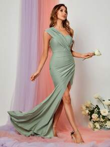 Faeriesty Vestido de dama de honor elegante con hombro único, drapeado y borde envolvente - Verde - Ver 5