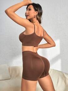 Yoga Basic 無縫高彈力運動型文胸帶騎行褲 - 咖啡棕 - 查看 2