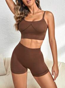 Yoga Basic 無縫高彈力運動型文胸帶騎行褲 - 咖啡棕 - 查看 3