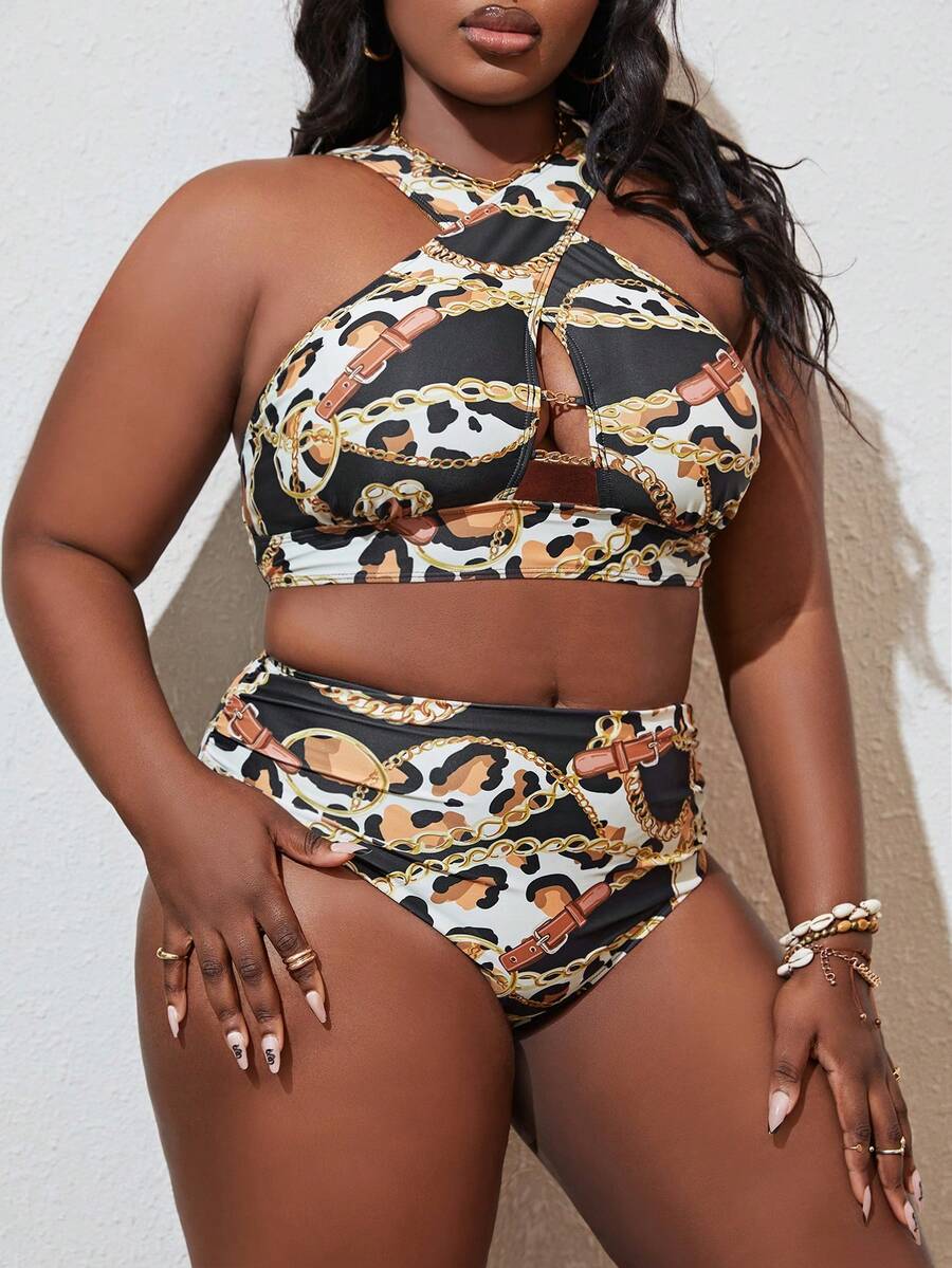 大尺碼鏈印花十字交叉比基尼套裝，適用於夏季海灘 - 彩色 - 查看 1