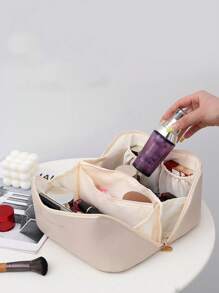 Portable Makeup Bag, Large Capacity Travel Wash Bag, Storage Bag, Mother's Day Gift For Mom, Cosmetic Bag, Organizer Bag For Travel Zipper Portable PU School Supplies School Stuff For School For Student - Beige - View 1