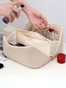 Portable Makeup Bag, Large Capacity Travel Wash Bag, Storage Bag, Mother's Day Gift For Mom, Cosmetic Bag, Organizer Bag For Travel Zipper Portable PU School Supplies School Stuff For School For Student - Beige - View 2