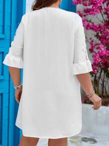SHEIN VCAY Plus Guipure Lace Insert Flounce Sleeve Dress - White - View 4