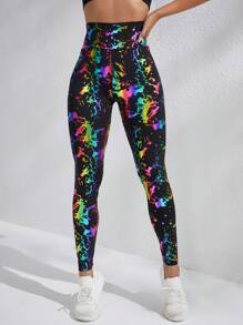 SHEIN Core Rhythm Quần legging thể thao cạp rộng in họa tiết Splash Ink dành cho nữ tập yoga - Nhiều màu - Xem 3