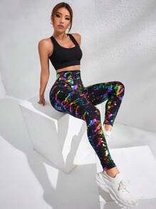 SHEIN Core Rhythm Quần legging thể thao cạp rộng in họa tiết Splash Ink dành cho nữ tập yoga - Nhiều màu - Xem 5