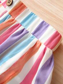 SHEIN 小女童塊狀條紋假鈕扣半身裙 - 彩色 - 查看 3