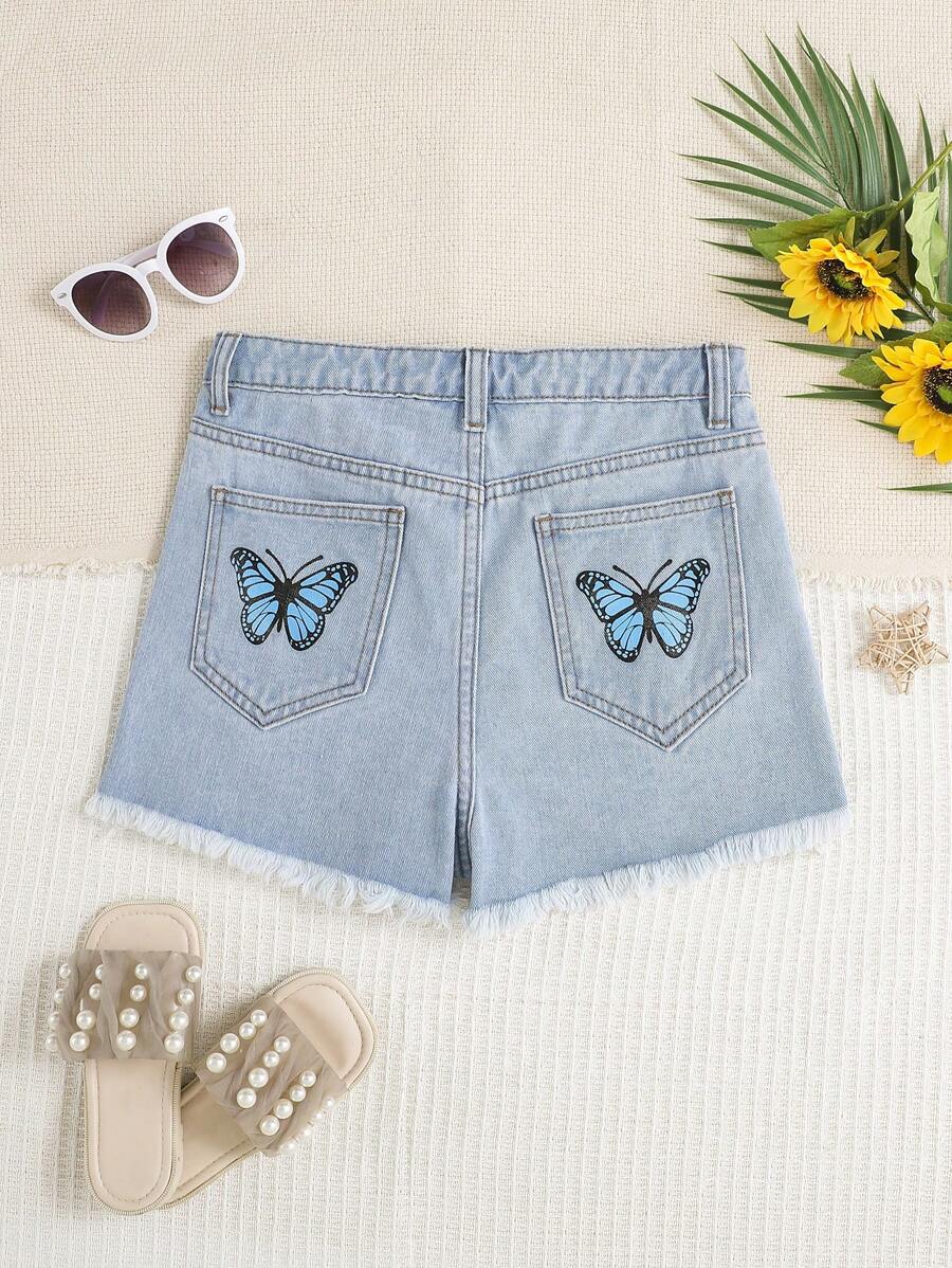 SHEIN Bé Gái Quần Shorts Denim Nút Túi Dây kéo Hem thô Loại bướm - Rửa nhẹ - Xem 1