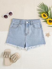 SHEIN Bé Gái Quần Shorts Denim Nút Túi Dây kéo Hem thô Loại bướm - Rửa nhẹ - Xem 2