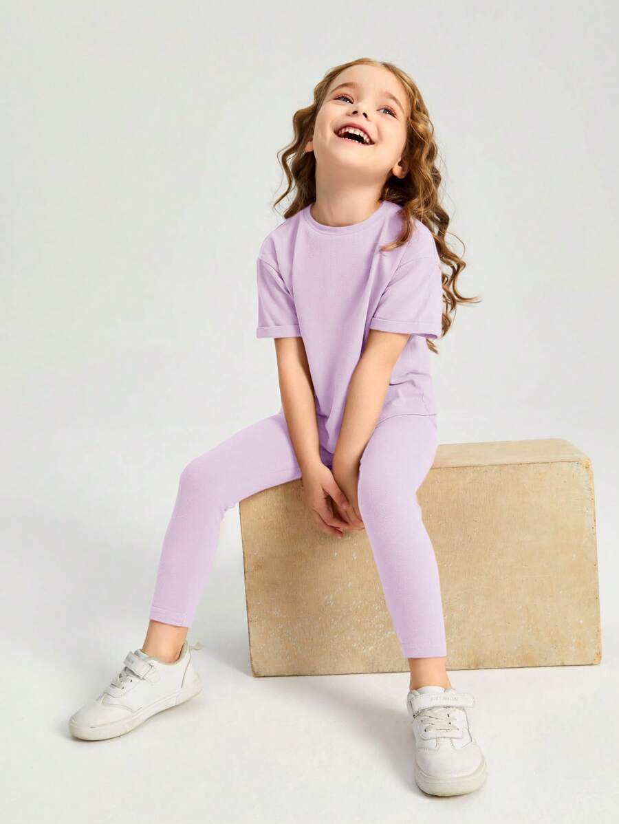 SHEIN Leap Crew 年輕女孩實色t恤與緊身褲 - 紫丁香色 - 查看 1