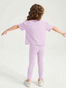 SHEIN Leap Crew 年輕女孩實色t恤與緊身褲 - 紫丁香色 - 查看 2