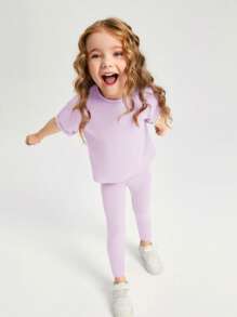 SHEIN Leap Crew 年輕女孩實色t恤與緊身褲 - 紫丁香色 - 查看 3