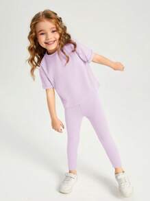 SHEIN Leap Crew 年輕女孩實色t恤與緊身褲 - 紫丁香色 - 查看 4