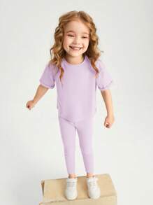 SHEIN Leap Crew 年輕女孩實色t恤與緊身褲 - 紫丁香色 - 查看 6