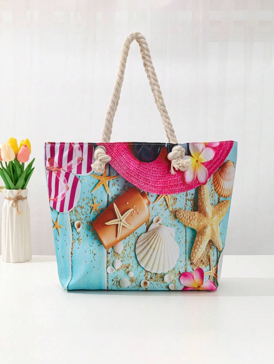 大碼購物袋海星和貝殼圖案沙灘包 - 彩色 - 查看 1
