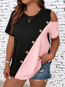 SHEIN T-shirt à détail de bouton bicolore avec découpe, Top d'été pour femmes