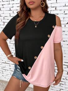 SHEIN T-shirt à détail de bouton bicolore avec découpe, Top d'été pour femmes