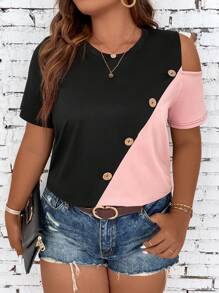 SHEIN T-shirt à détail de bouton bicolore avec découpe, Top d'été pour femmes