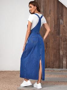 SHEIN Essnce Váy denim nữ Nút Túi Chia màu trơn Giải trí - Rửa trung bình - Xem 2