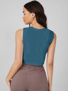 SHEIN BASICS NỮ Tối giản Màu thuần Không tay Dệt kim Áo - Màu xanh bụi bặm - Xem 2