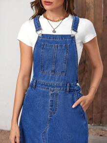 SHEIN Essnce Váy denim nữ Nút Túi Chia màu trơn Giải trí - Rửa trung bình - Xem 5
