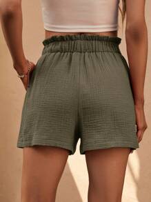 SHEIN LUNE 紙袋腰闊腿短褲 - 軍綠色 - 查看 2