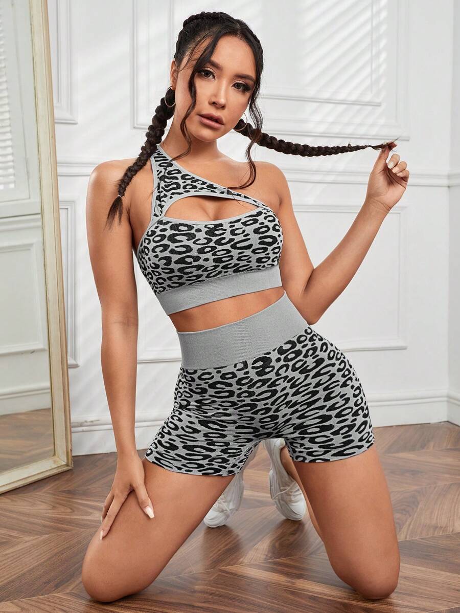 Yoga Sxy Set bộ đồ thể thao Bất đối xứng Cắt ra In hoa Báo - Xám - Xem 1