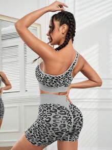 Yoga Sxy Set bộ đồ thể thao Bất đối xứng Cắt ra In hoa Báo - Xám - Xem 2