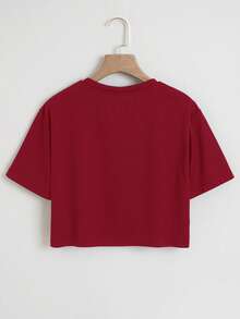 SHEIN EZwear 字母圖案短款T恤 - 酒紅色 - 查看 2