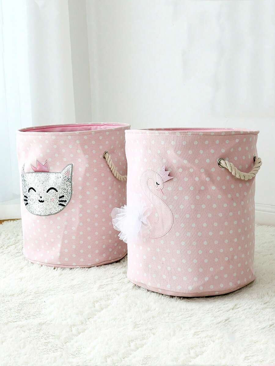 1pc Swan Decor Laundry Hamper, Pink Dirty Clothes Storage Basket For Home - Pink - View 1