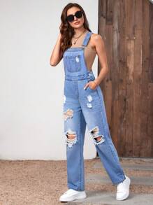 SHEIN Frenchy 破洞補丁貼口袋牛仔背帶褲不附帶背心 - 中等水洗藍 - 查看 1