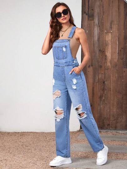 SHEIN Frenchy 破洞補丁貼口袋牛仔背帶褲不附帶背心