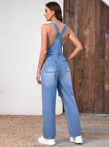 SHEIN Frenchy 破洞補丁貼口袋牛仔背帶褲不附帶背心 - 中等水洗藍 - 查看 2