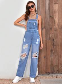 SHEIN Frenchy 破洞補丁貼口袋牛仔背帶褲不附帶背心 - 中等水洗藍 - 查看 3