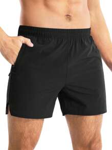 Daily&Casual 男士拉链口袋开衩运动短裤黑色运动裤 - 黑色 - 查看 1